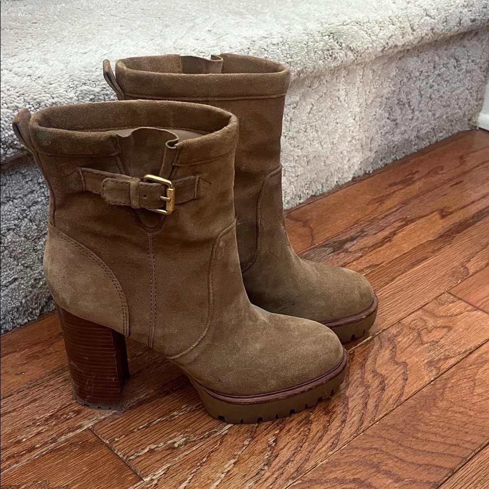 Veronica Beard Taupe Suede Buckle Block Heel Ankle Boots